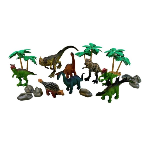 Plastic Toy Pre-historic Dinosaurs Hard Plastic Lot of 8 + Trees & Boulders - Picture 1 of 7